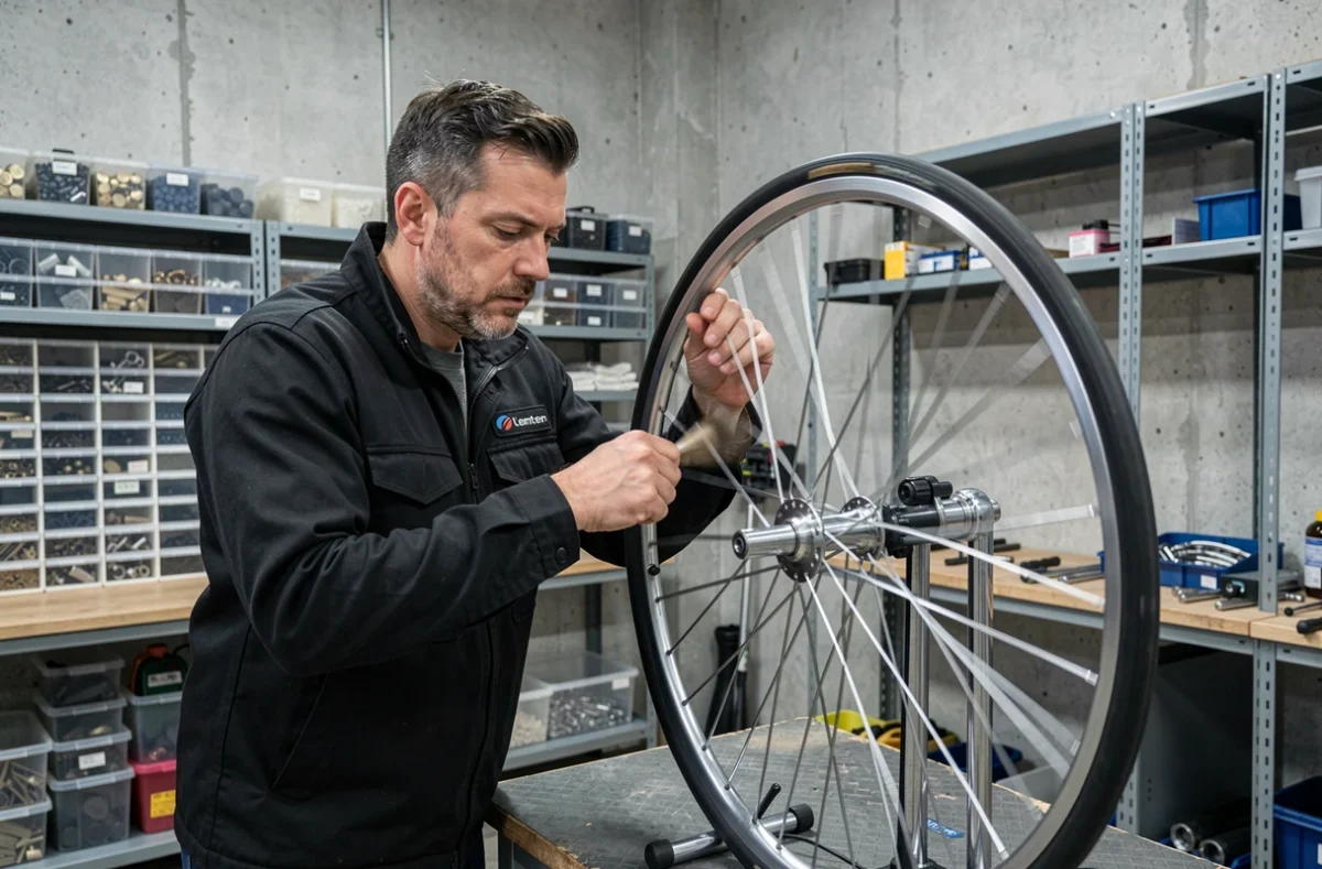 Mécanicien de 5B Cycles à Dijon centrant une roue de vélo avec précision dans un atelier spécialisé au décor industriel