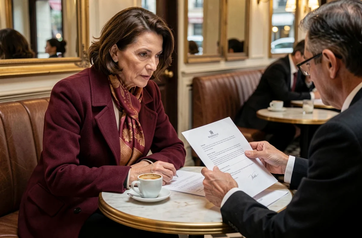 Actrice française d'expérience discutant d'un contrat avec son agent dans une brasserie parisienne classique