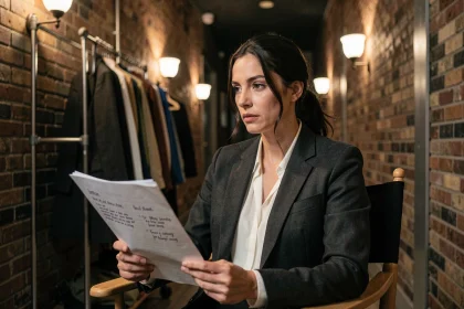 Actrice française en coulisses du théâtre, tenant un script annoté dans un corridor avec des rangées de costumes