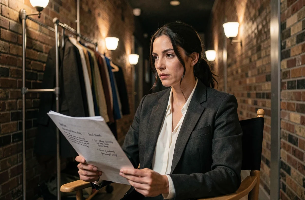 Actrice française en coulisses du théâtre, tenant un script annoté dans un corridor avec des rangées de costumes