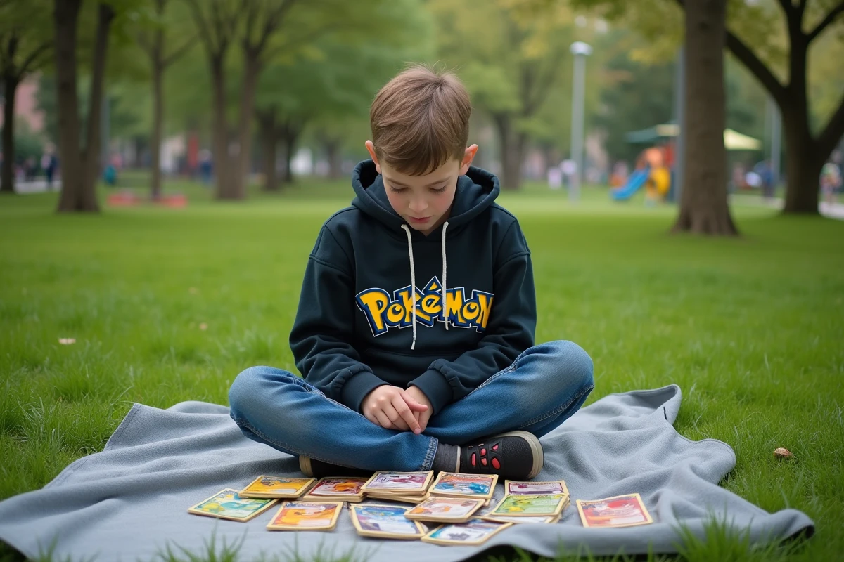 Adolescent assis dans un parc étudiant des cartes à jouer colorées