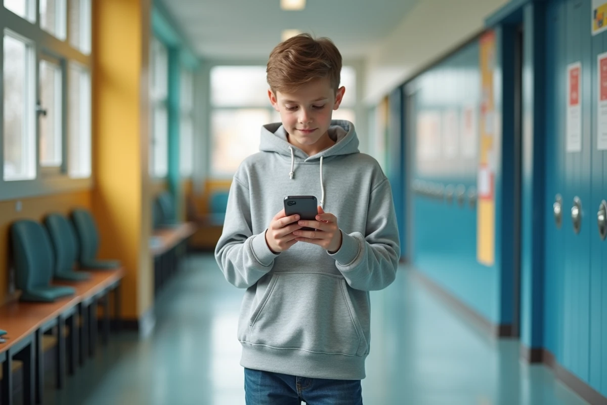 Adolescent regardant son smartphone dans un couloir scolaire lumineux