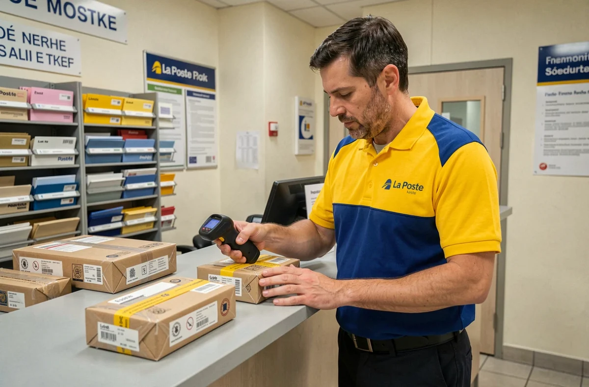 Agent La Poste scannant un colis suivi destiné à l'international au comptoir d'un bureau de poste