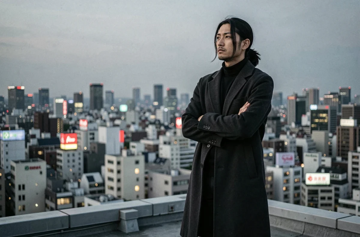 Homme japonais en manteau sombre sur un toit urbain face à la skyline de Tokyo, symbolisant l'avenir incertain du personnage Aizawa après My Hero Academia