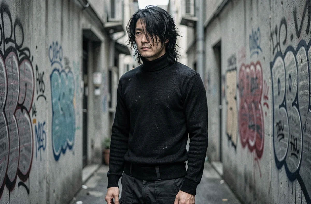 Portrait réaliste d'un homme japonais aux cheveux noirs longs dans une ruelle urbaine, évoquant le personnage Aizawa de My Hero Academia