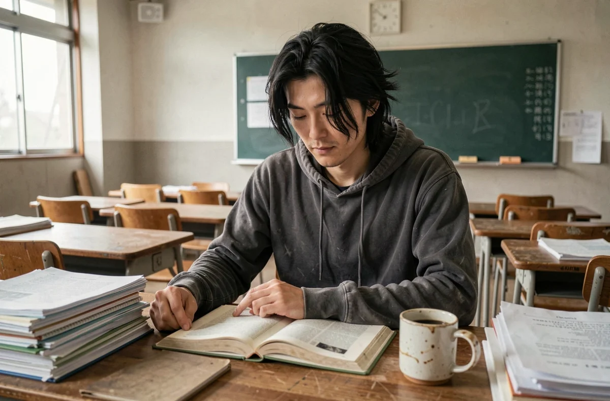 Homme japonais aux cheveux longs assis dans une salle de classe déserte, ambiance introspective rappelant le professeur Aizawa après la fin de My Hero Academia