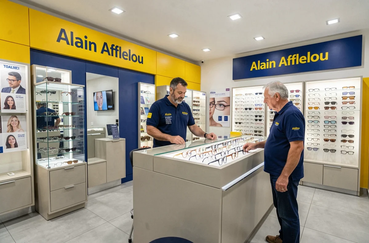 Boutique Alain Afflelou à Chauray avec son identité visuelle jaune et bleu et un opticien conseillant un client
