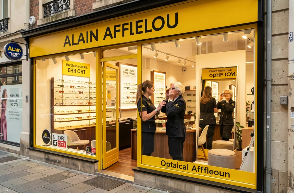 Magasin Alain Afflelou en centre-ville de Niort avec une opticienne aidant une cliente à essayer des lunettes