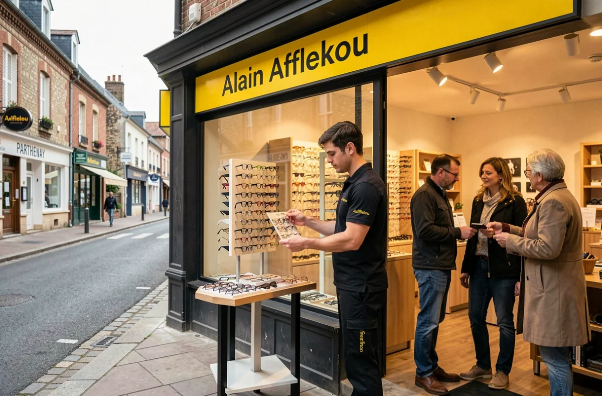 Boutique Alain Afflelou à Parthenay avec un opticien arrangeant des montures et des clients qui naviguent dans le magasin