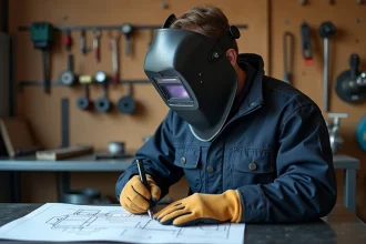 Soudeur en atelier organisé consultant un plan d'aménagement sur un établi métallique avec équipements de soudure au mur