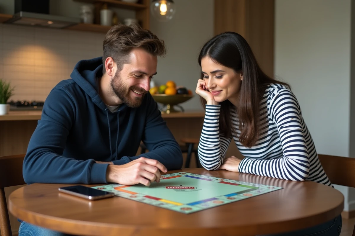 Deux amis autour d'un plateau Monopoly GO recherchant des liens dés gratuits sur mobile