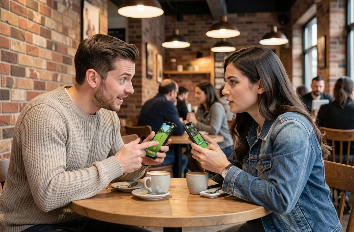 Deux amis discutant de stratégie de club Monopoly GO autour de leurs smartphones dans un café