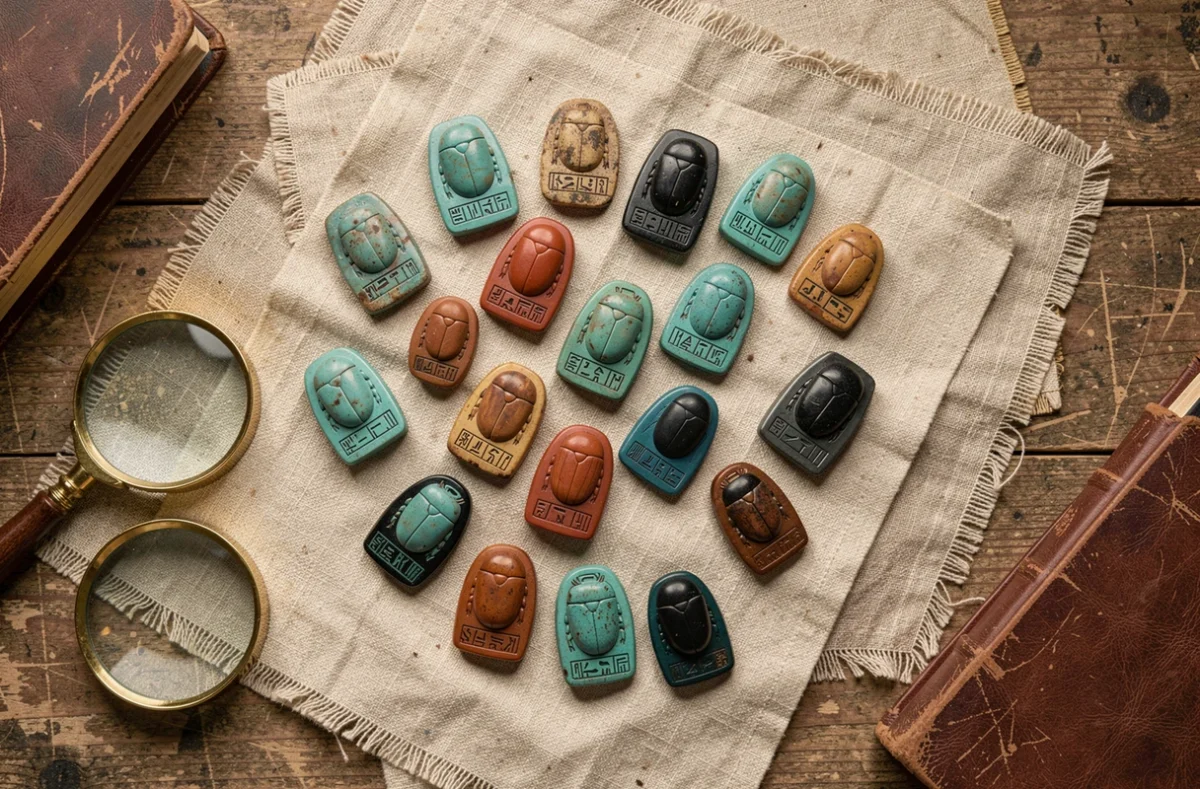 Collection d'amulettes scarabées égyptiennes antiques en faïence turquoise et obsidienne sur lin ancien, symbolisant la renaissance et l'immortalité