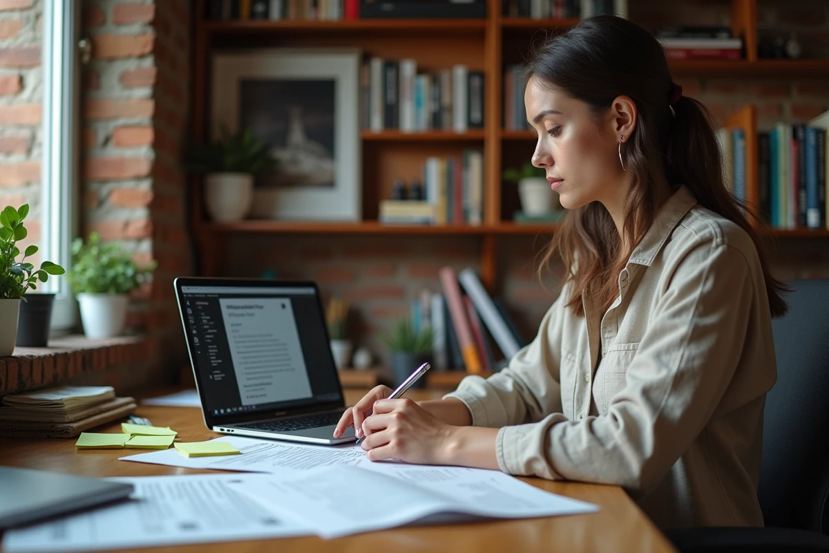 Femme analysant des articles de blog photographique sur un bureau encombré de notes et de pages imprimées, ambiance bureau à domicile