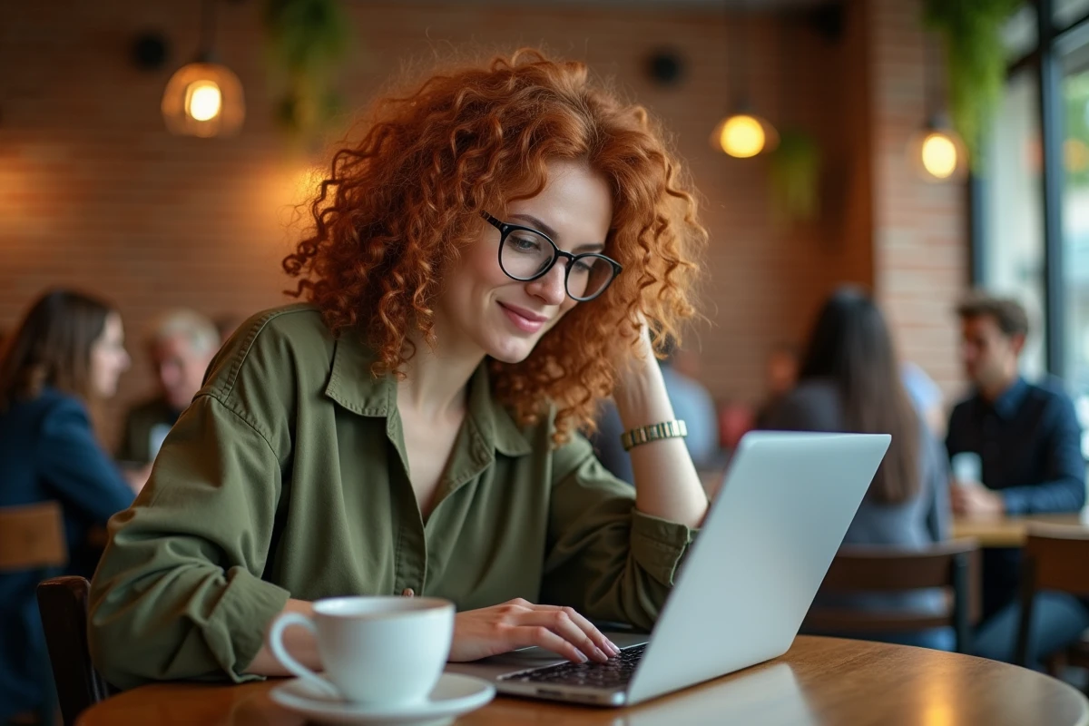 Analyste de culture internet travaillant sur son ordinateur portable dans un café urbain