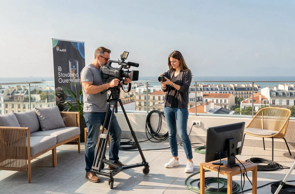 Équipe de And So Production photographe et vidéaste lors d'un tournage commercial en extérieur sur un toit à Marseille