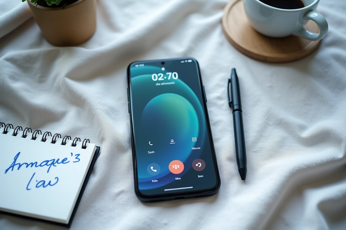 Vue aérienne d'un smartphone affichant un appel entrant du numéro 02 70 avec des notes manuscrites sur une arnaque