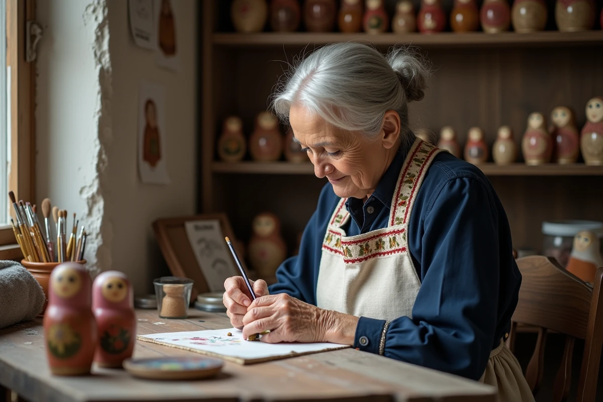 Artisane russe âgée peignant à la main une poupée matryoshka dans un atelier traditionnel avec des poupées Khokhloma en arrière-plan