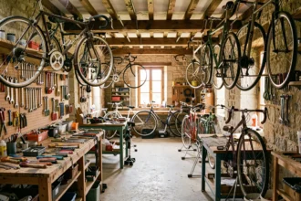 Atelier de réparation de vélos en Bourgogne avec plusieurs bicyclettes accrochées aux murs et des outils organisés sur des panneaux perforés