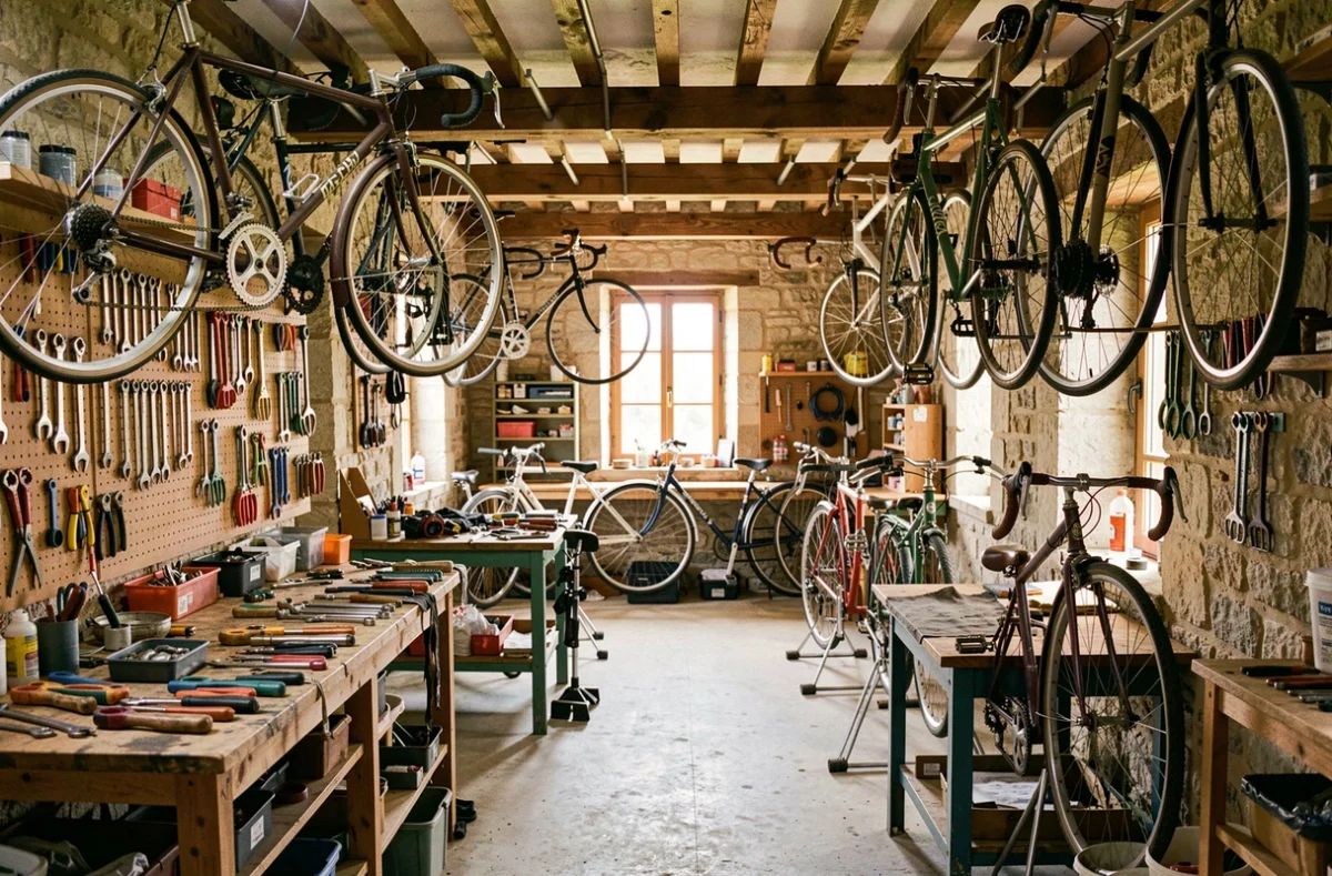 Atelier de réparation de vélos en Bourgogne avec plusieurs bicyclettes accrochées aux murs et des outils organisés sur des panneaux perforés