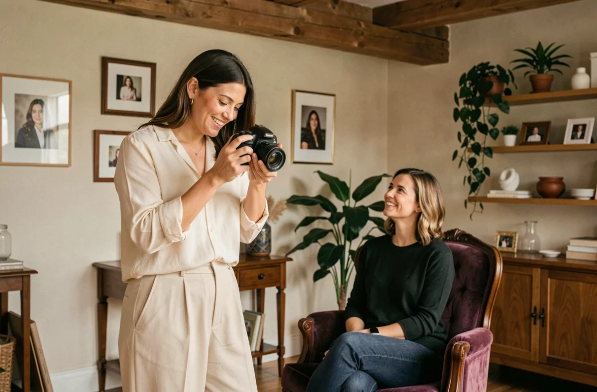 Photographe portraitiste Aurélie J. en interaction chaleureuse avec son modèle dans son studio artistique à Marseille