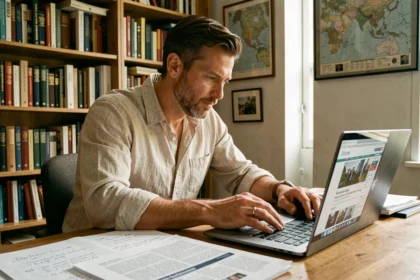 Auteur du blog ACTUTANA à son bureau, entouré de notes et d'articles imprimés, regard concentré dans un bureau à domicile chaleureux