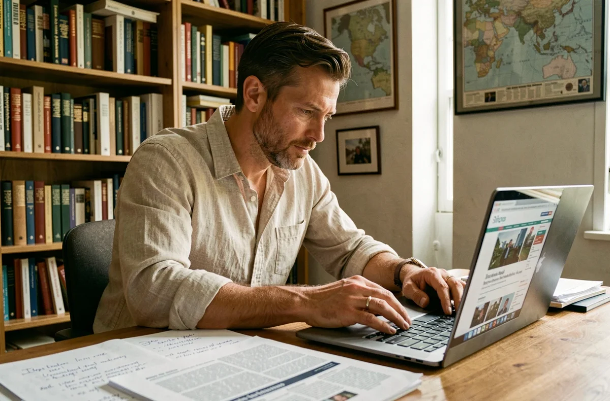 Auteur du blog ACTUTANA à son bureau, entouré de notes et d'articles imprimés, regard concentré dans un bureau à domicile chaleureux