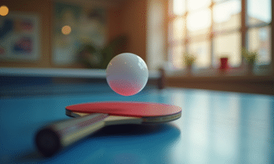 Ballon de ping pong équilibré sur une raquette de compétition