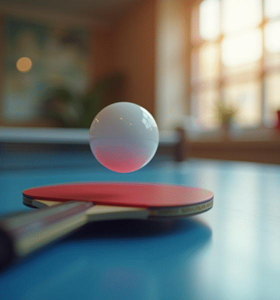 Ballon de ping pong équilibré sur une raquette de compétition
