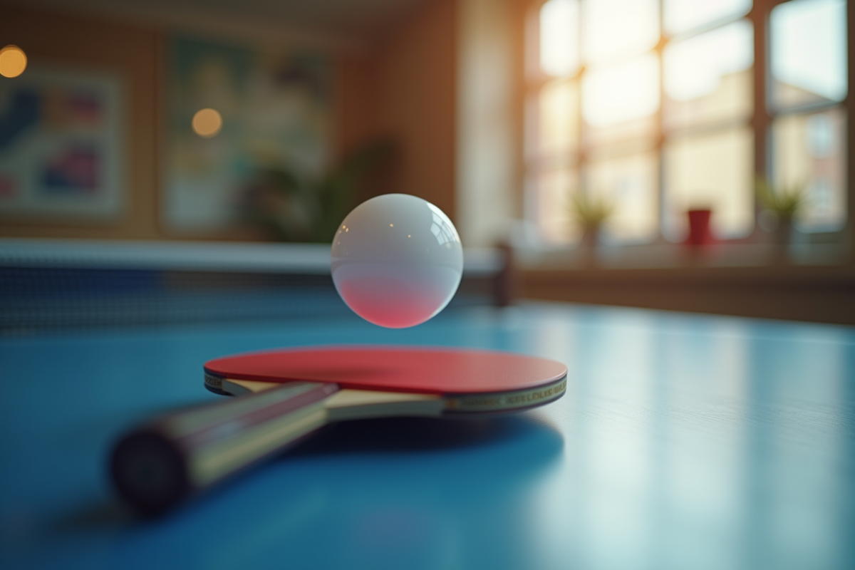 Ballon de ping pong équilibré sur une raquette de compétition