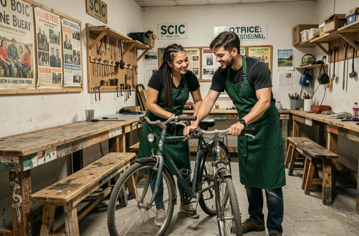 Membres de La Bécane à Jules SCIC travaillant ensemble sur un vélo de ville dans leur atelier coopératif à Dijon