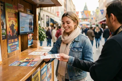 Jeune femme récupérant ses billets à une billetterie extérieure lors d'un événement culturel