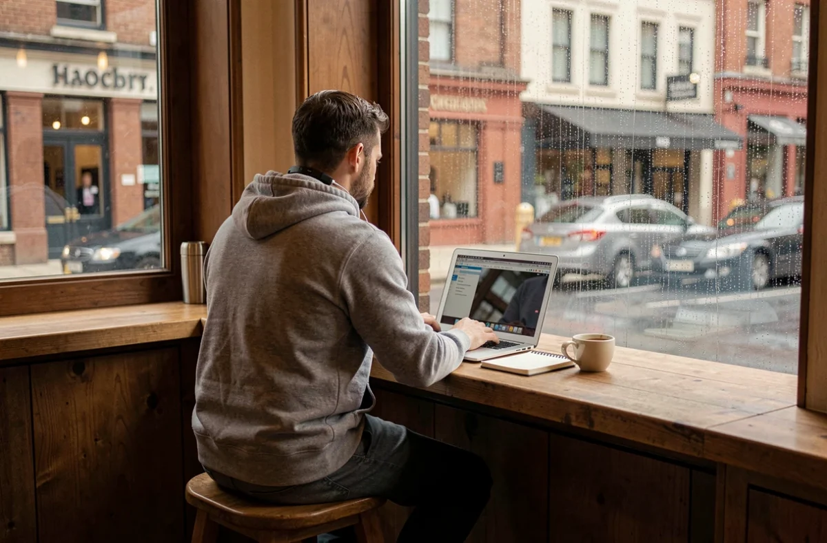 Blogueur de dos travaillant sur son ordinateur dans un café parisien sous la pluie, ambiance introspective et coulisses créatives d'ACTUTANA