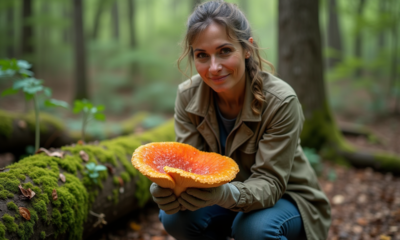 Femme botaniste tenant un champignon crêtedecoq en forêt