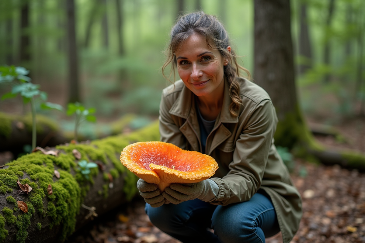 Femme botaniste tenant un champignon crêtedecoq en forêt