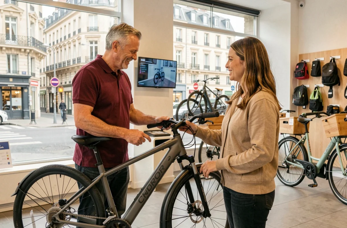 Propriétaire de Bourgogne Bike présentant un vélo hybride réparé à une cliente dans sa boutique de mobilité vélo à Dijon