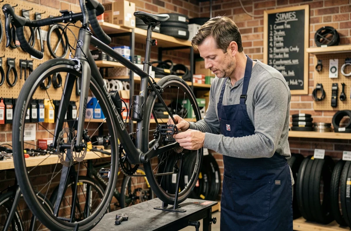 Mécanicien de Bouticycle Degueurce à Dijon réglant le dérailleur d'un vélo de route sur un stand de réparation professionnel