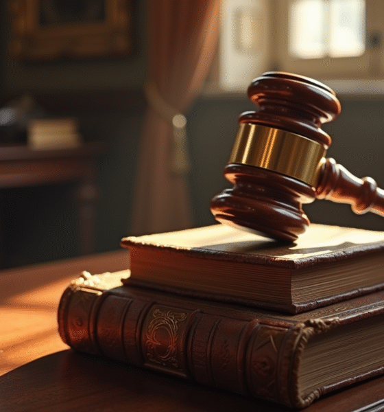 Bâton de juge en bois sur livres de droit anciens