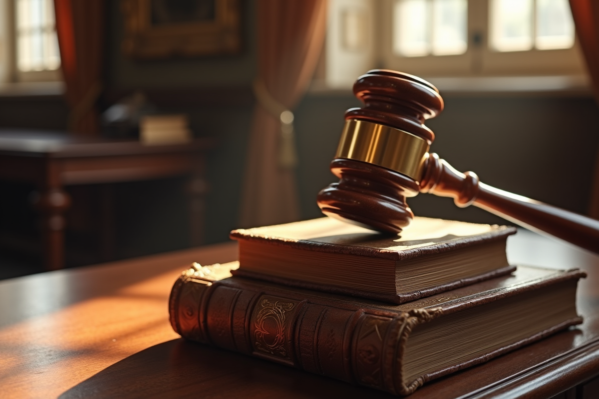 Bâton de juge en bois sur livres de droit anciens