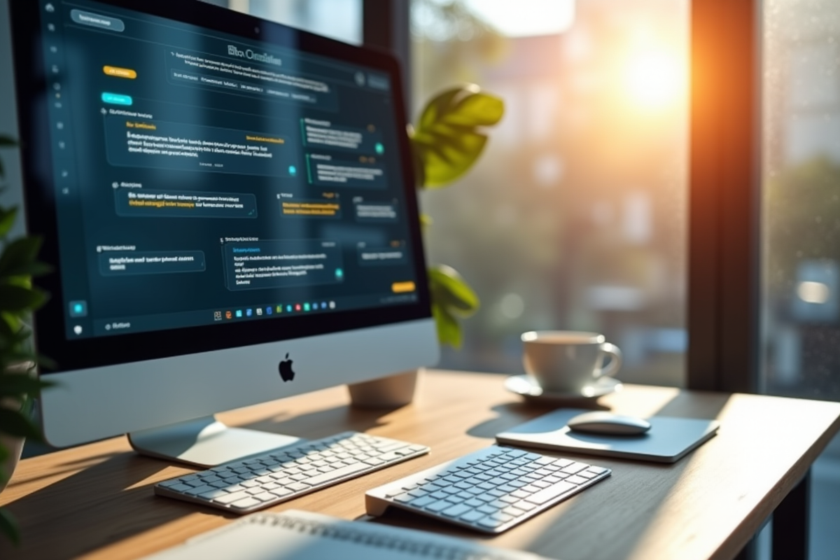 Espace de travail avec un écran montrant un chatbot en français