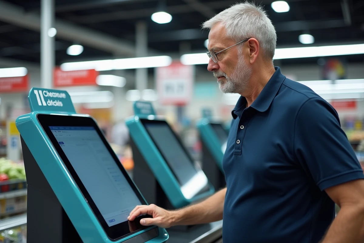 Homme utilisant une caisse automatique en supermarché pour régler ses achats rapidement