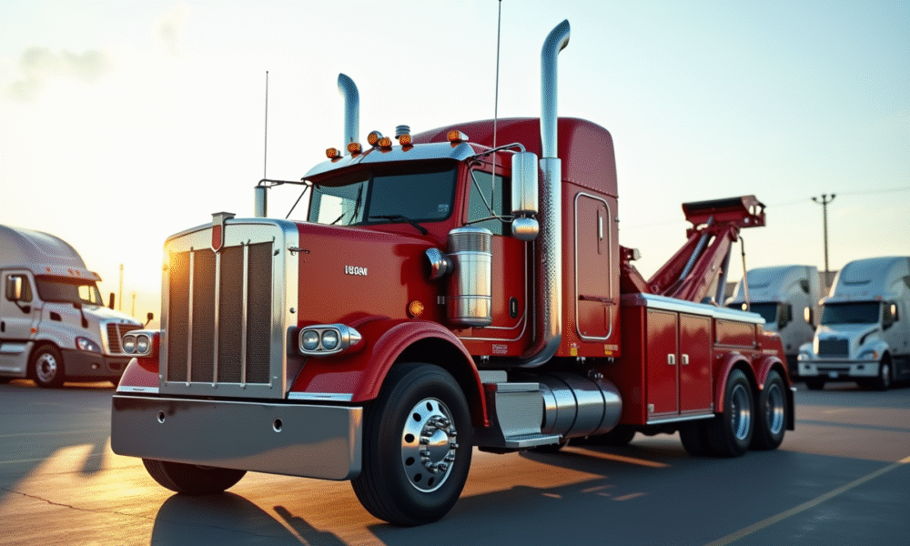 Camion remorque lourd dans un lot industriel en plein jour
