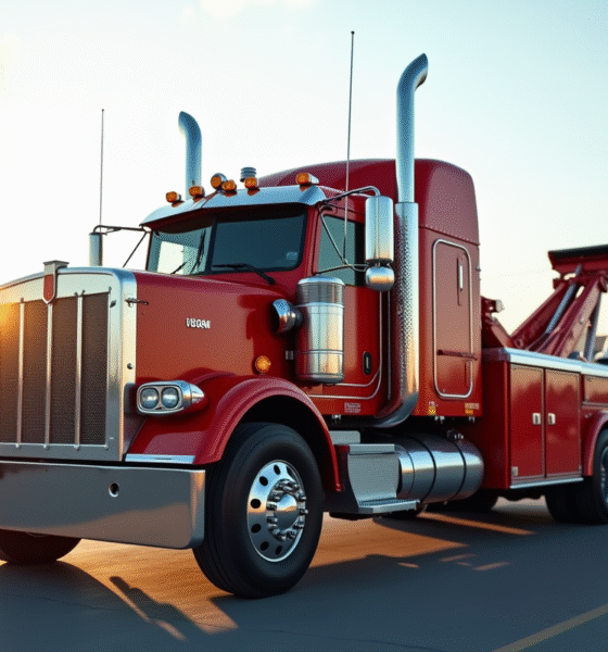 Camion remorque lourd dans un lot industriel en plein jour