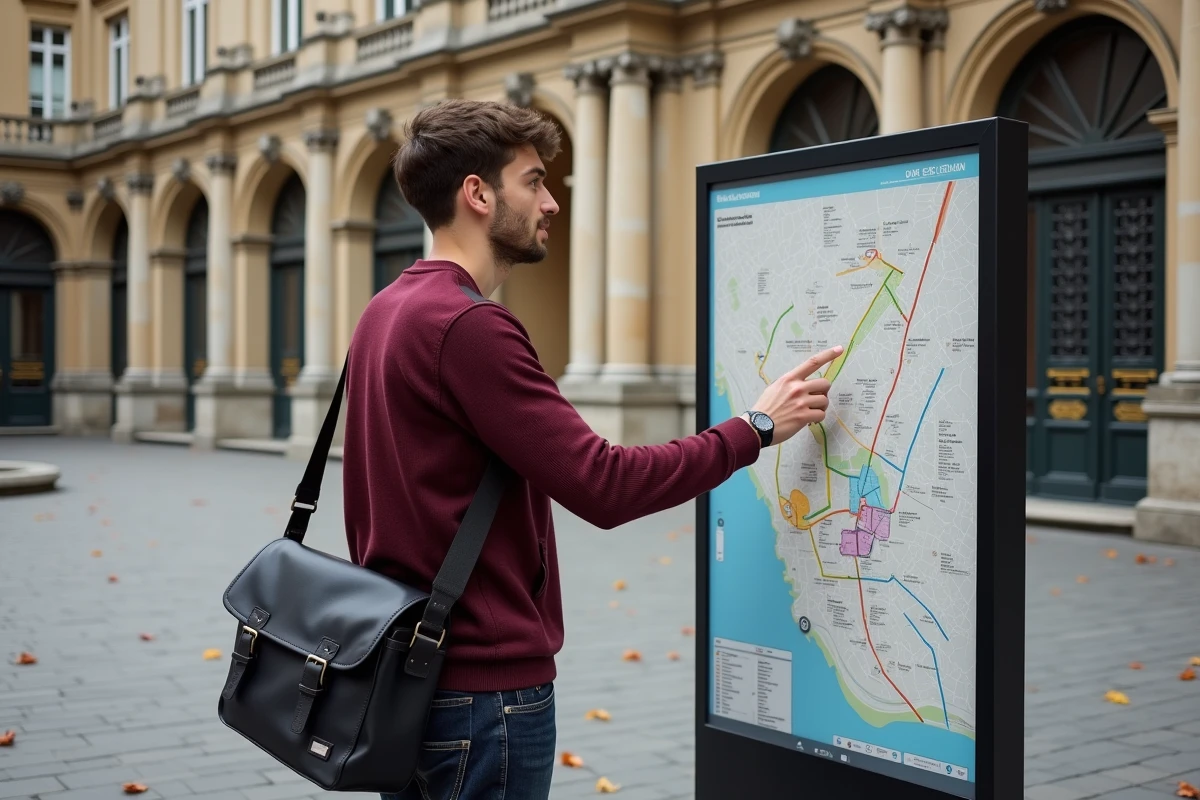 Jeune homme consultant un panneau de carte des arrondissements de Paris devant un bâtiment culturel
