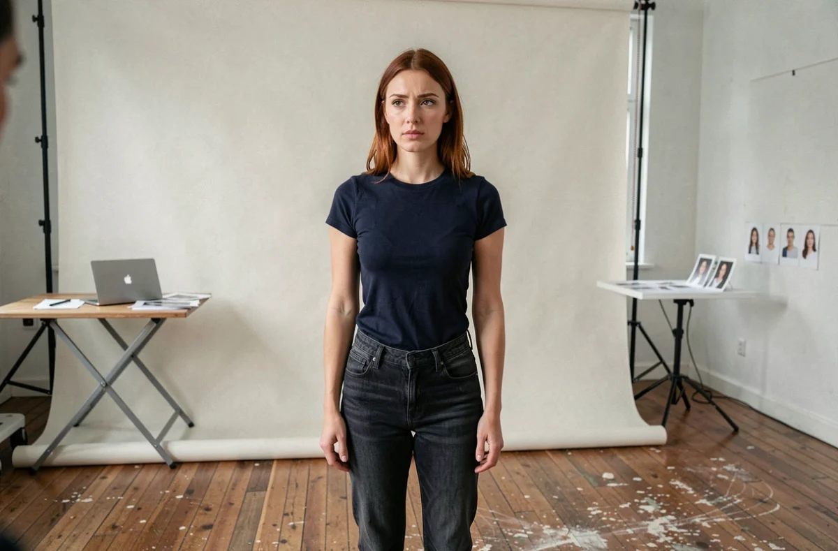 Séance de casting parisienne avec une jeune actrice auditionnant devant un fond neutre dans un studio sobre