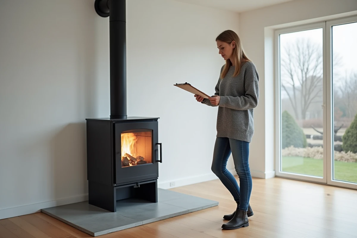 Femme vérifiant une liste de contrôle avant l'installation d'un poêle à bois dans un intérieur scandinave moderne