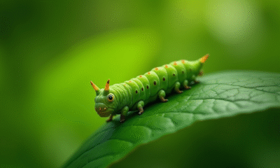 Chenille verte Sphinx sur une feuille verte lumineuse