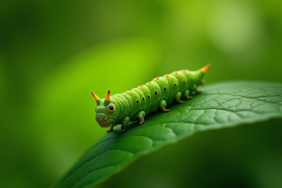 Chenille verte Sphinx sur une feuille verte lumineuse