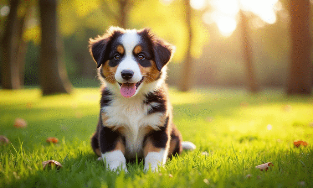Chiot australien shepherd sur la pelouse ensoleillée