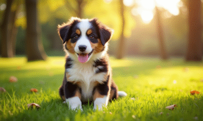 Chiot australien shepherd sur la pelouse ensoleillée